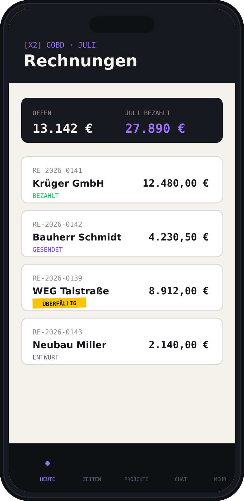RFplan iOS-App: Rechnungsliste mit Status und offenen Beträgen