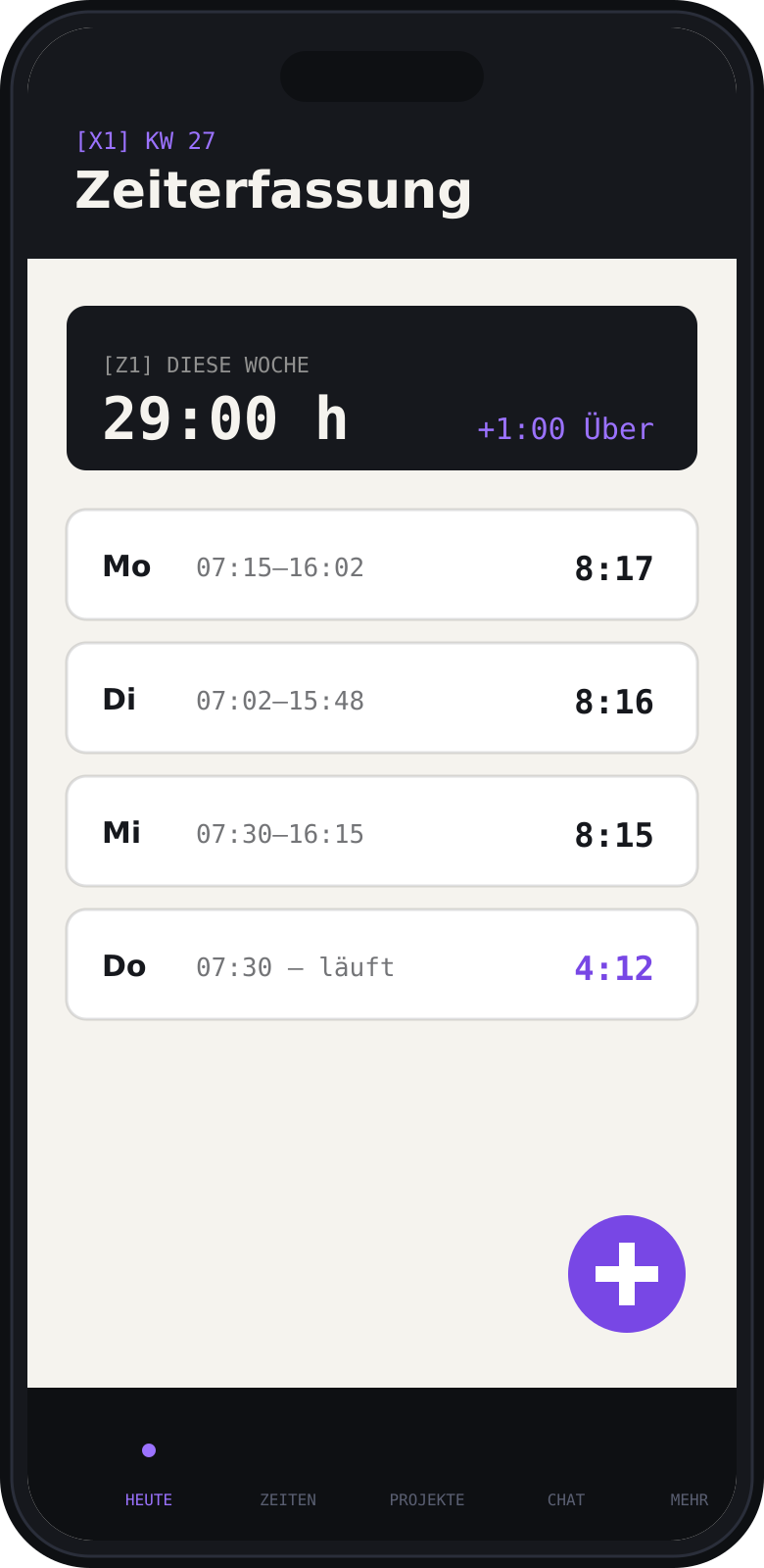 RFplan iOS-App: Zeiterfassung mit Wochenübersicht und laufendem Timer